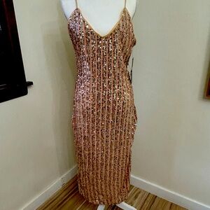 NWT Lulus Sequin Spaghetti Strap Dress, slide slit and low open back